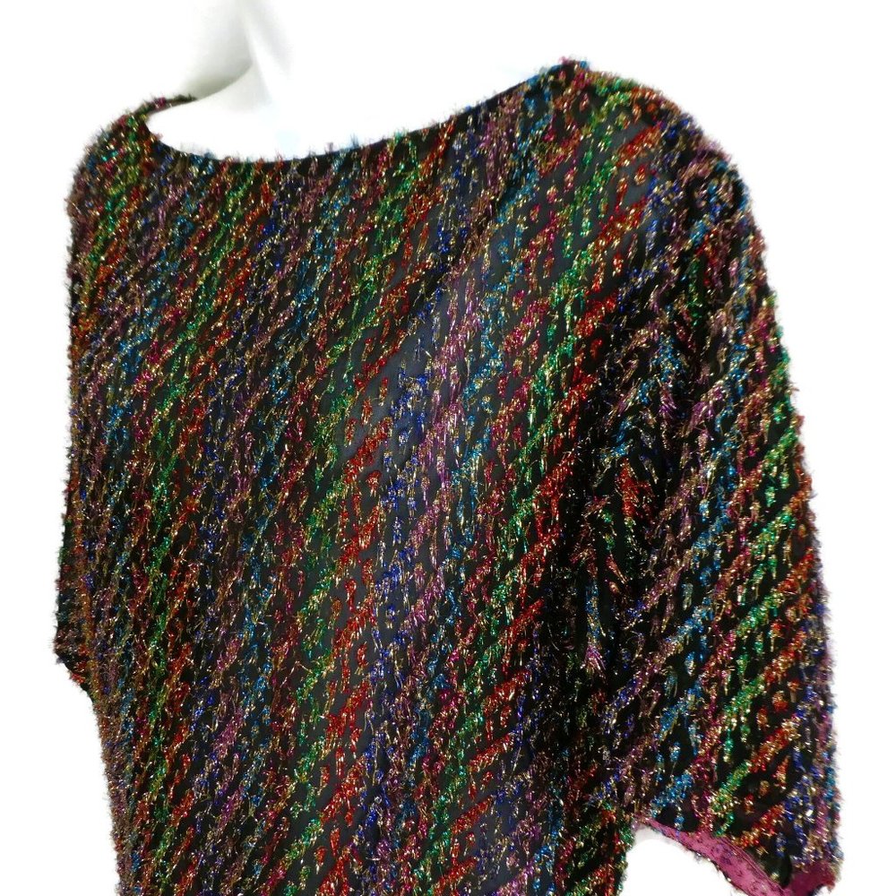 Vintage Rainbow Metallic Blouse Lightweight Boat Neck Half Sleeve Slouchy Light